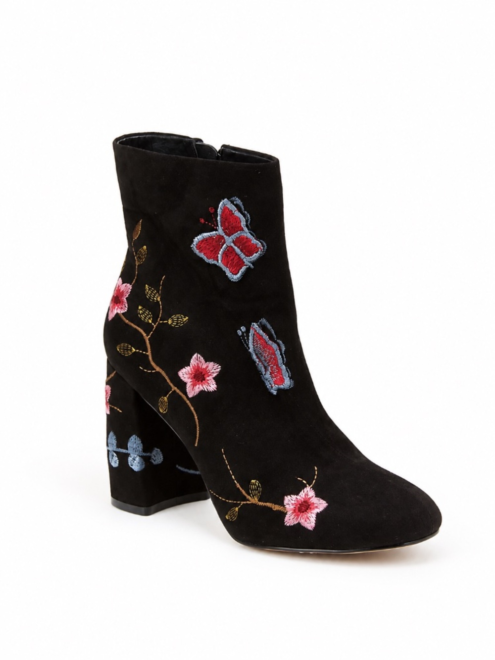 Nanette Lepore Lilly Suede Ankle Boots Black Floral Butterfly Size 7.5 NWOB
